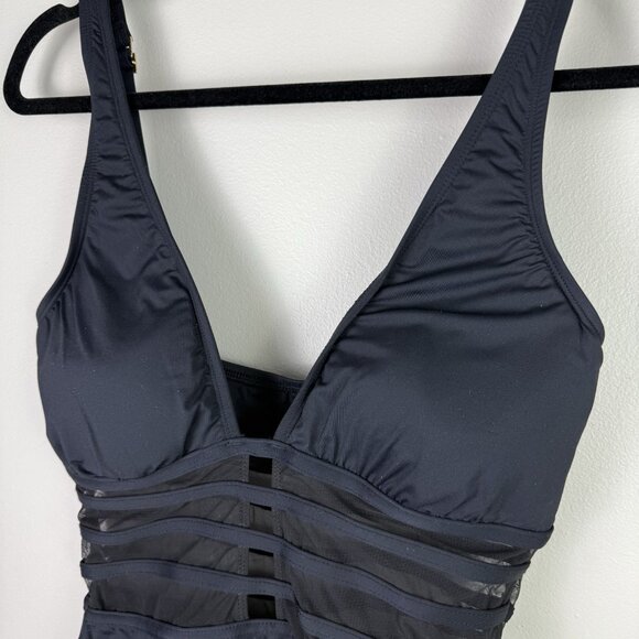 La Blanca Black Mesh Inset One Piece Swimsuit 10 Sexy Neck Monokini Resort Wear - Picture 5 of 10